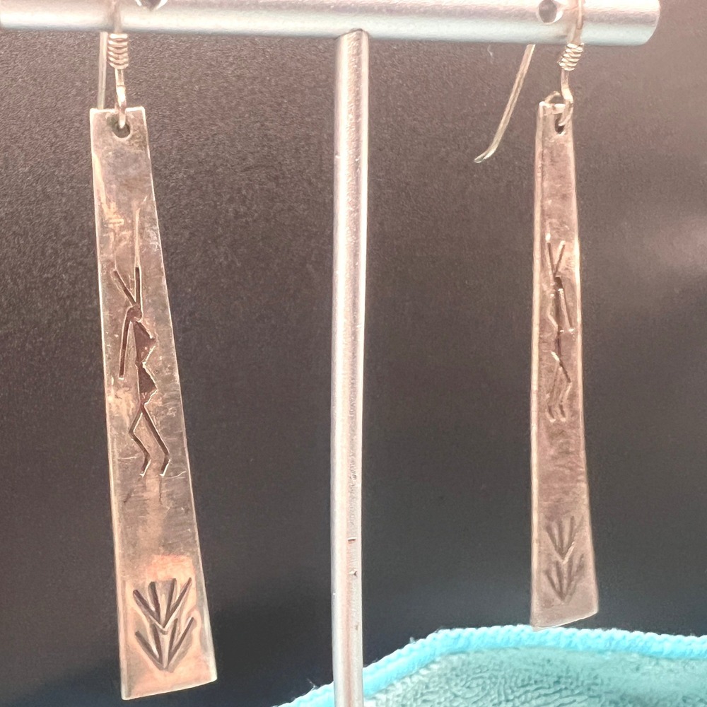 Vintage Sterling Silver Southwestern Earrings Dangle Kokopelli Sprout Symbols - Picture 3 of 9